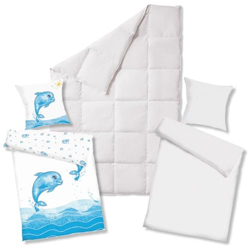 Koru Kids® Kinder Daunendecke 135x200 Ganzjahresdecke – Set mit Delfin und Classic Bettwäsche 135x200 + 80x80 cm aus 100% Baumwolle - 100% kanadische Daunen – Kinderbettdecke – Federbett