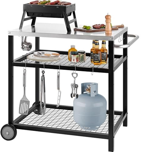 WEASHUME Edelstahl-Grillwagen, Pizzaofenständer, Trolley-Tisch mit Rollen, Pizza-Wagen, 3 Fächer, beweglich, Lebensmittelzubereitung, Arbeit, Esstisch mit doppelter Ablage, strapazierfähig, Outdoor