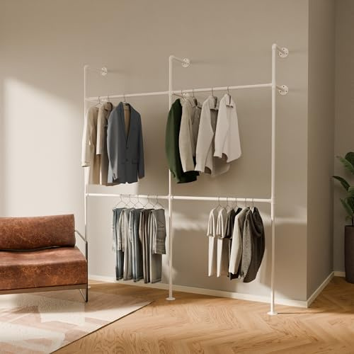 pamo Kleiderstange Wandmontage Weiß – 201 x 222 cm | 360 kg Traglast | Offener Kleiderschrank Garderobe Wand Metall – Begehbarer Kleiderschrank System