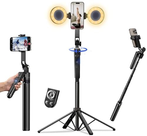 71 inch Auto Face Tracking Phone Tripod for iPhone with Dual Fill Light | Extendable 360° Rotatable Selfie Stick Stand Wireless Remote Included for Vlogging, Live Streaming & Video Recording