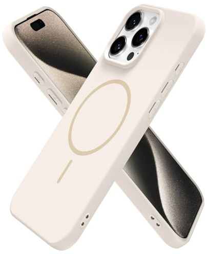 Oakxco for iPhone 15 Pro Max Case Silicone Mag Safe, Magnetic Slim Thin Phone Case Compatible with Magsafe Wireless Charging, Cute Girly Aesthetic Soft Rubber Gel Safecase for Women Girls, Beige Cream