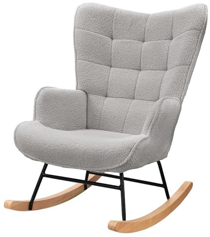 jeerbly Schaukelstuhl mit Hocker, Teddystoff Schwingsessel mit Kopfstütze, Fußstütze und Tasche, Teddy Sessel Relaxstuhl Zum Stillen für Wohnzimmer Schlafzimmer Balkon, Weiß (Stil B- Hellgrau)