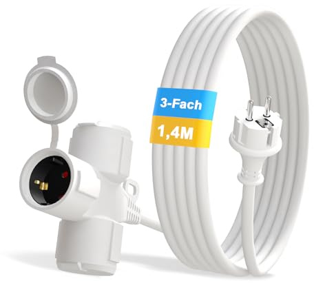 YIDE Verlängerungskabel Outdoor 1,4m mit 3 Schuko-Steckdosen mit Schutzkappe - 3-Fach Gummi Verlängerung Verteilerkabel - für Innenbereich Außenbereich IP44 - Baustellen Stromkabel außen 3500W - weiß