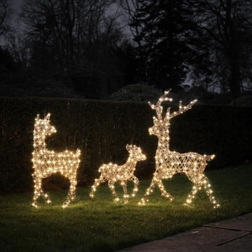 Lights4fun Dual LED Studley Light Up Reindeer Family (Stag, Doe & Fawn) with 560 LED Lights | Frames, Ground Stakes and Guy Ropes Included | Indoor & Outdoor Christmas Figures
