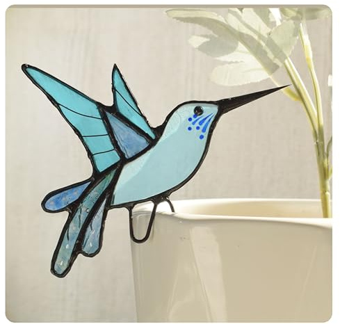 Stained Glass Hummingbird Suncatcher for Planter Decoration – Colorful Glass Plant Pot Ornament, Ideal as a Gift for Christmas (Blue A)