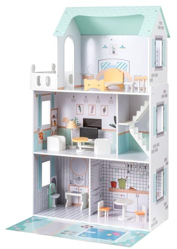 COSTWAY Maison de Poupée en Bois à 3 Étages avec 5 Pièces et 17 Meubles, Maison de Rêve avec Ascenseur, Autocollants Princesses, Jeu d’Imitation Playhouse pour Enfants de 3 Ans+ (Vert)