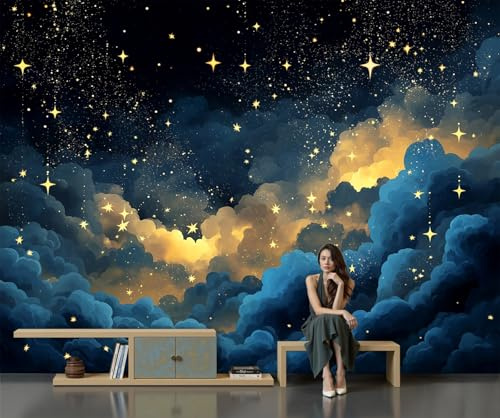Fototapete Wolken Nachthimmel Tapeten Gold Sterne Seide Wandtapete Wohnzimmer Schlafzimmer Kinderzimmer Wanddeko Motivtapeten 200cm x 140cm (B x H)