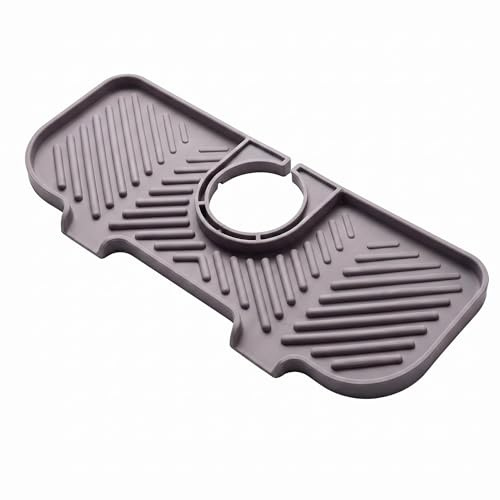 Copbopwn Kitchen Sink Splash Guard, 27x11cm Silicone Faucet Draining Mat with Adjustable Rings Drip Tray for Countertop Protection Drainer Drying Mat Organizer for Sponge Soap Toothbrush (Grey)