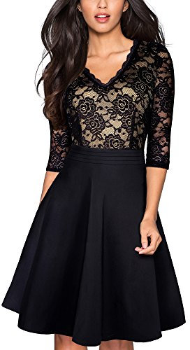 HOMEYEE Vintage Vintage à Manches 3/4 en Dentelle Florale brodée Cocktail Robes A062(EU 36 = Size S,Noir)