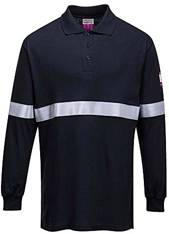 Portwest Polo De Manga Larga, Resistente A La Llama Y Antiestático, Con Cinta Reflectante, Tamaño: XXL, Color: Marino, FR03NARXXL