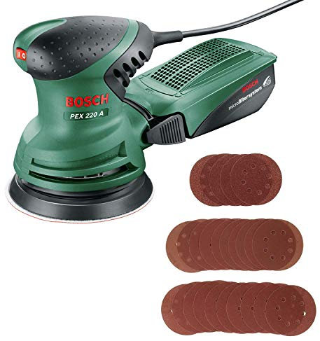 Bosch Ponceuse excentrique - PEX 220 A + Lot de feuilles abrasives (Grain 80, 120 et 240 - 125 mm, 25 pièces)