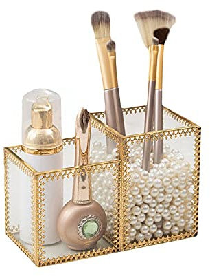 SLHEQING Glas Kosmetik Organizer Golden Vintage Makeup Organizer, Kosmetik Aufbewahrungsbox für Lippenstifte, Nagellack, Kosmetikpinsel (Spitzenmetall-2 Fächer)