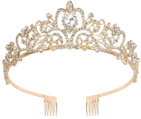 Diadem Gold mit Kamm Hochzeitskrone Braut Kopfschmuck Königin Krone Erwachsene Geburtstag Tiara Damen
