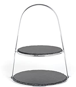 ECHTWERK Etagere-/ Servier-Ablage für Gebäck, Obst, Käse und Dessert mit 2 Ebenen aus Naturschiefer und Bügelgriff, Gebäckständer, Ø Schieferplatten ca. 25/30 cm, Silber-Edition