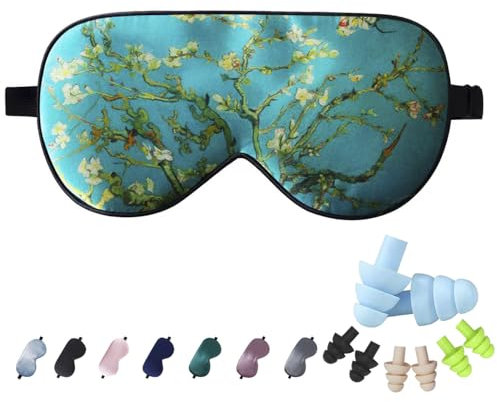LaCourse 100% Maulbeerseide Schlafmaske mit 4Paaren Ohrstöpseln & Reisetasche. Beide Seiten Echte 19 Momme Seide, Verstellbare Augenmaske für Frauen, Grün-Blumig