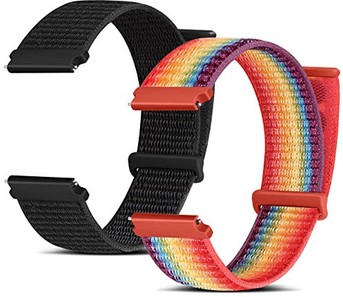 Huamanlou Nylon-Uhrenarmbänder, 16 mm, 18 mm, 20 mm, 22 mm, Schnellverschluss-Armband für Damen und Herren, verstellbar, atmungsaktiv, gewebt, 2 Stück, Dunkelschwarz + offizieller Regenbogen, 16 mm