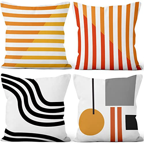 Aoihrraan 45x45cm 4er Set Dekorativ Kissenbezug Orange Rot Weiß Gestreift Muster Weicher Plüsch Quadratischer Kissenbezug Bett Wohnzimmer Draussen Balkon Terrasse Patio Stuhl Garten Sofá Wagen
