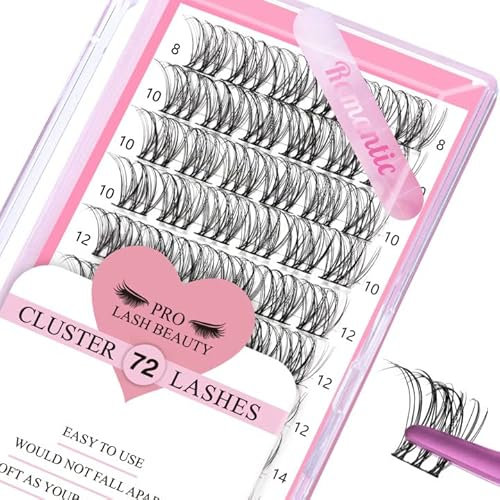 Cluster Wimpern, 72 Stück einzelne Wimpern, Wimpern-Cluster DIY Wimpernverlängerung, super dünnes Band wiederverwendbar weich & bequem (Romantic-D-8-16mix)