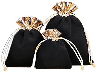 12 Stk Samtbeutel Schmuckbeutel,Kleine Stoff Beutel mit Kordelzug,Samt Säckchen Geschenkbeutel Stoffsäckchen zum Befüllen für Schmuck Hochzeit Weihnachten Geburtstag Party Geschenk,7x9cm Gold Schwarz
