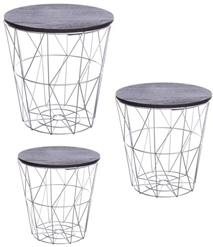 Brandsseller 3er Tischset Beistelltisch Couchtisch Ø 29 cm Ø 34 cm Ø 39,5 cm Gestell Silber - Holz Schwarz