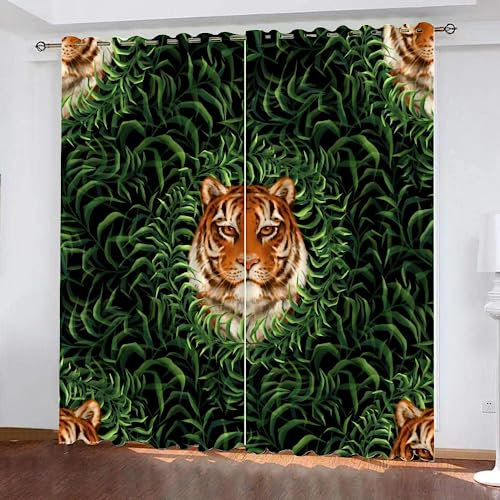 GIOVIA 3D Tiger Vorhänge Abdunkelnde mit ösen 2 Stücks Gardinen Blickdicht Verdunkelungs Tropisch Dschungel Kälteschutz Scheibengardinen für Junge Mädchen Schlafzimmer B 234 X H 183 cm