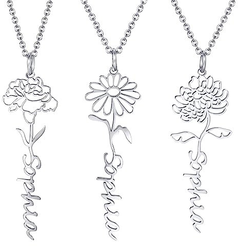 XUANPAI Collier Prenom Personnalisé Femme Fille: Collier Femme Fleur de Naissance Chaine Argent/Or/Or Rose Cadeau Anniversaire Bijoux Personnalisés pour Maman Amie Ado Fille Enfant Bebe