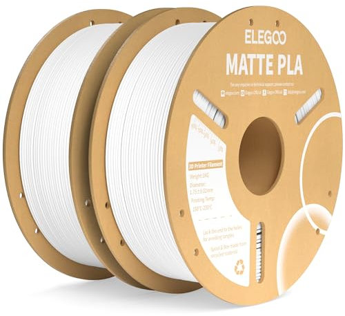 ELEGOO Matte PLA Filament Matte Weiß 2KG, 1.75mm 3D Drucker Filament Maßgenauigkeit +/- 0.02mm, 2 Stück 1kg Kartonspule (2.2lbs) für die meisten FDM 3D Drucker