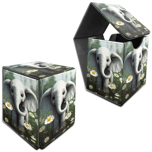 RWUTYTIUL Für MTG Commander Deck-Box, Karten-Aufbewahrungsbox für 100+ Hülsenkarten, PU-Leder, groß, starker Magnet, Kartendeck-Halter für Brettspiel, Magic MTG, TCG, CCG, Elefant, Weiß, Gänseblümchen