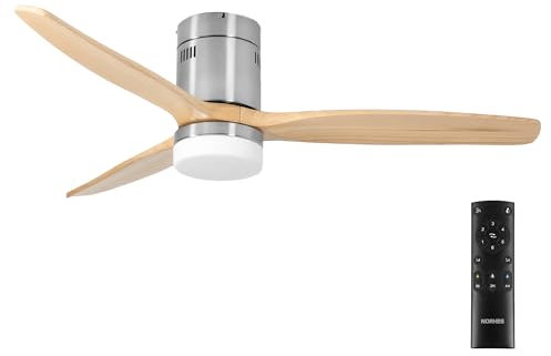 NORHES Kent Ventilador Techo Níquel/Madera Clara. 3 Aspas Ø132cm. Luz Led 20W Neutra/Cálida/Extra Cálida. Motor DC. Verano/Invierno. 6 Velocidades. Control Remoto Temporizador. Silencioso. Brisa