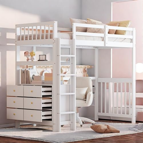 Lit superposé Enfant 90x200 avec tiroirs et étagères,lit cabane Enfants,lit Mezzanine 1 Place avec Barriere,Mezzanine escalier,Blanc