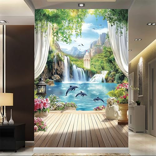 Tropischer Wasserfall mit Delfinen und Pflanzen, benutzerdefinierte Größe, Wandbilder, selbstklebend, abnehmbar, groß, Fototapete für Wohnzimmer, Schlafzimmer, Badezimmer, Büro, Esszimmer,