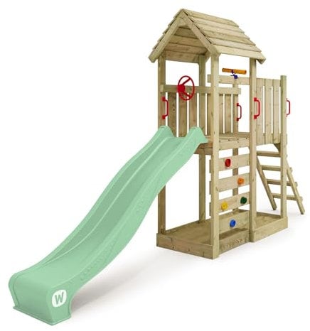 WICKEY Aire de Jeux JoyFlyer portique en Bois avec Toboggan, Tour d'escalade pour Enfants avec bac à Sable, échelle et Accessoires de Jeu pour Le Jardin. (Vert Pastel)