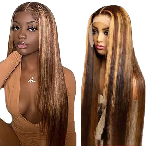AiPliantfis Straight Human Hair Wig Blonde Echthaar Perücke Damen 13X6 Lace Glueless Wig Wear and Go P427 Highlight Pre Plucked 150% Density Unprocessed Brazilian Remy Hair 24 Zoll