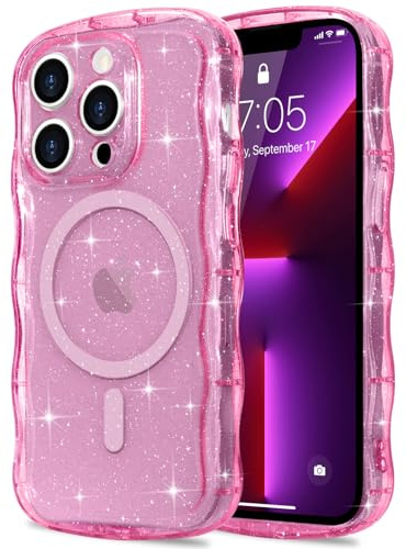 Pepmune for iPhone 13 Pro Case Clear [Compatible with Magsafe] Bling Sparkle Glitter Magnetic Cover,Soft TPU Curly Wavy Frame & Hard PC Back,Slim Shockproof Wave Phone Case for Women Girls-Hot Pink