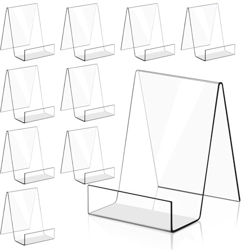Cnwinu Clear Acrylic Book Holder,Acrylic Display Stand with Ledge,Plate Stand for Displaying Books,Picture Albums,Recipe,Card,Magazine,Notebooks,Crafts,Photos,Phones (10 Pcs,Large)