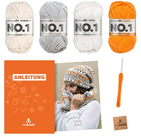 myboshi Häkelset Mütze Izu und Schal Settsu, Häkelset für Anfänger, inkl. No.1 Wolle, Nadel und Anleitung, für Mütze und Schal, Häkelpaket, 30% Merinowolle Weiß mit Häkelnadel