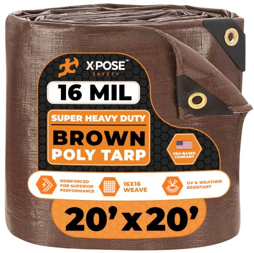Xpose Safety 20' x 20' Super Heavy Duty 16 Mil Brown Poly Tarp