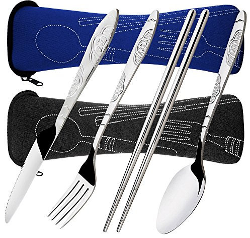 Ménagères Assorties en Acier Inoxydable, SENHAI 2 Paquets 8 Pièces de Couvert Incluent Couteau Fourchette Cuillère Baguettes, avec Etui de Transport de Protection - Noir, Bleu Foncé