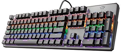 Trust Gaming GXT 865 Asta RGB Mechanical Gaming Keyboard, Red Switches (Linear and Silent), Rainbow Backlit Keys, Metal Top Plate, UK Layout, Black