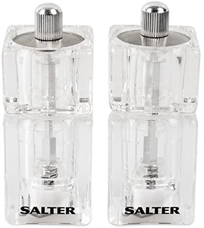 Salter 7605 CLXR Mini Salt & Pepper Grinder Set – Compact Refillable Mill Set, Twist to Grind, Ceramic Mechanism, Adjustable Fine to Coarse Grind, 16g Sea Salt/7g Peppercorns, Clear Acrylic Windows