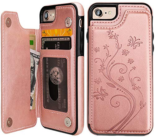 Vaburs Coque Téléphone Étui Portefeuille avec Porte-cartes, Motif Papillon Gaufré en Cuir PU de Qualité Supérieure Double Boutons Magnétiques à Rabat pour iPhone 7 iPhone 8 Rose Gold