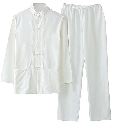G-LIKE Herren Anzug Chinesischer Stil - Traditionelle Kampfkunst Kung Fu Tai Chi Wushu Klassisch Tangzhuang Langärmelig Hemd Hose Training Uniform Frühling Herbst Freizeit Kleidung (Weiβ, XXL)
