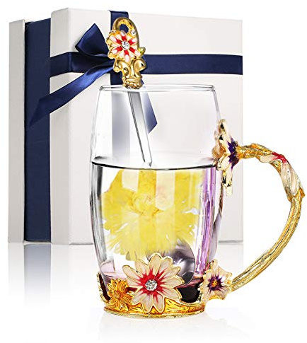 Decdeal Enamel Glass Mug, Flower Tea Cup Lead-Free Coffee Mug with Spoon&Cleaning Cloth&Gift Box,Gifts for Mum,Wife,Girl,Teacher on Birthday,Valentine's Day,Mother's Day,Wedding Anniversary,Christmas