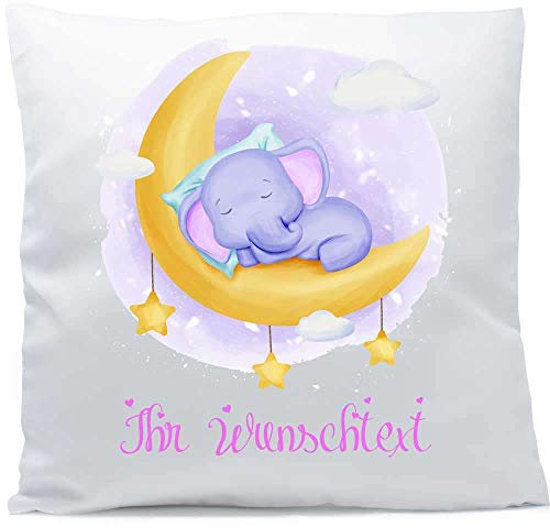 Kissen mit Namen Babyelefant flieder rosa liegend schlafend Mond Elefant Baby Wolke Stern 40x40 cm inkl. Füllung Kuschelkissen, Kissen Farbe:Vorderseite weiß flauschig/RS weiß flauschig