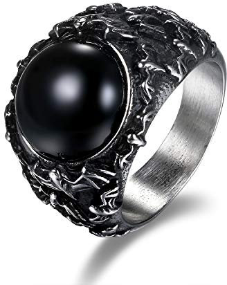 JewelryWe Schmuck Retro Herren-Ring, Gotik Fledermaus Bat Band Ring mit schwarzem Onyx, Silber - Größe 62