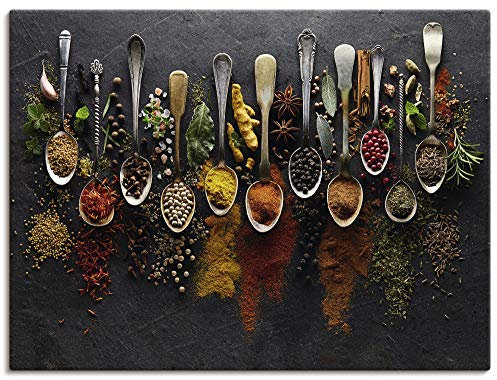 ARTLAND Wanddeko Leinwand Bilder Wandbild 120x90 cm Küchenbilder Gewürze Schiefer Kräuter Chili Essen Bunt U1UJ
