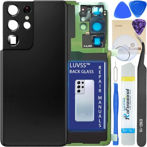 LUVSS Glass Back Cover Compatible with Samsung Galaxy S21 Ultra Rear Glass Replacement + Camera Lens + Opening Tools Kit SM-G998 -Phantom Black