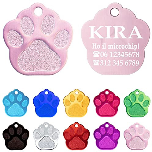 Ibera gifts - Medaglietta Cane Personalizzata a Forma di Zampa in Alluminio Lucido, Targhetta Cane con Incisione, Fino a 4 Righe di Testo, Perfetta per Animali di Piccola e Media Taglia (Rosa)
