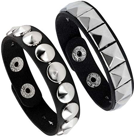 Manfnee 2Pcs Bracciale Punk Gothic Rock Nero Pelle Pu Alloy con Rivetti Biker Uomo Donna Regolabile
