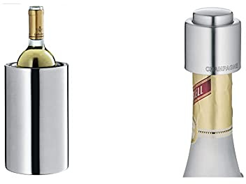 WMF Clever&More Sekt-Weinkühler Edelstahl 19,5 cm, Flaschenkühler doppelwandig & Clever&More Sektverschluss mit Aufschrift 3,5 cm, Champagner Verschluss, Sektflaschenverschluss